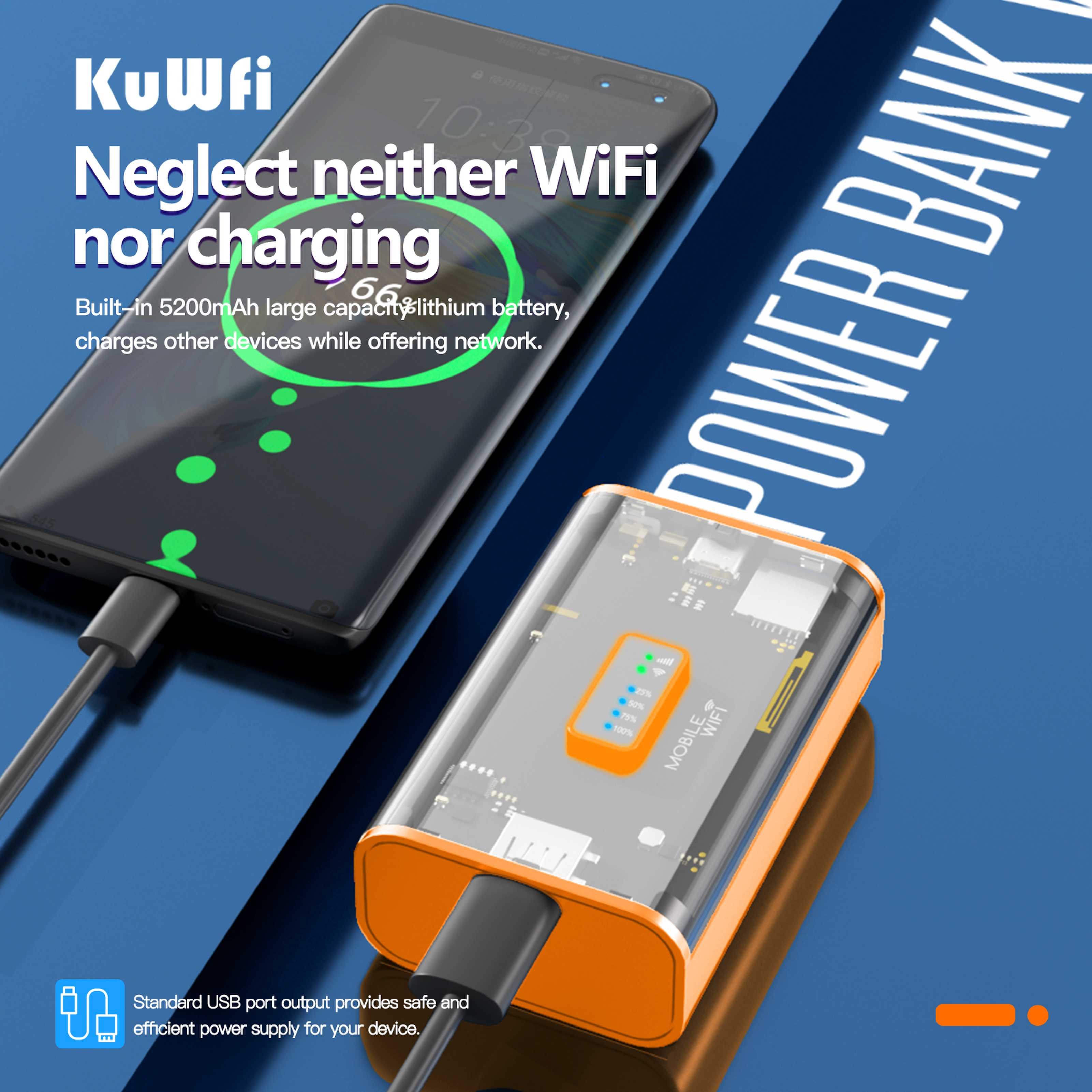 Cheap Price KuWFi Router 4g Unlocked 5200mah Power Bank 4g Lte Portable Wifi Router 10 Users Modem 4g Lte Sim Card